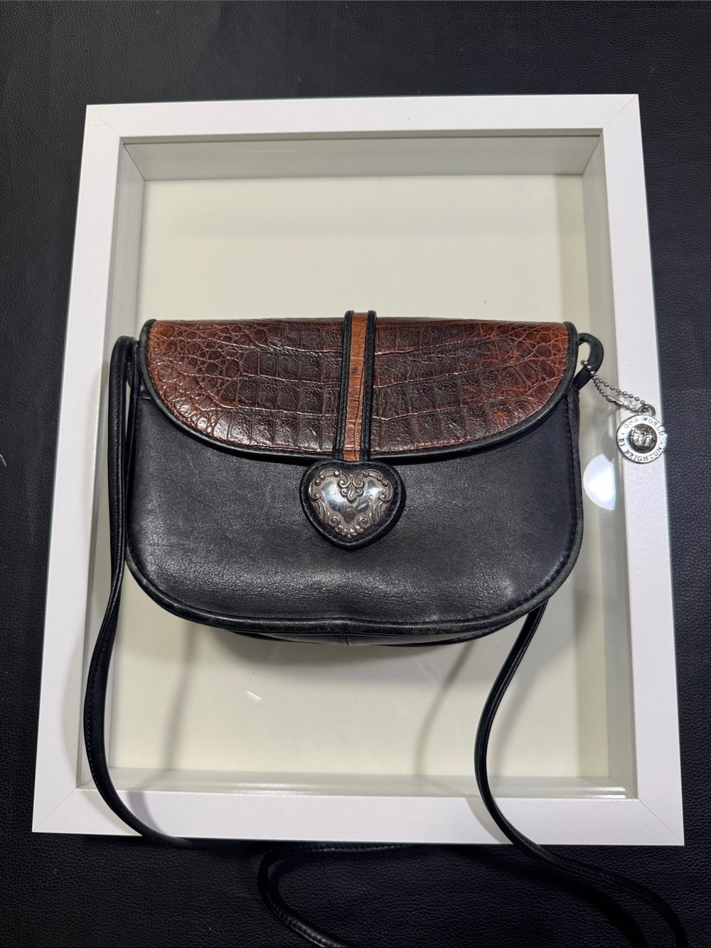 Vintage One World by Bright Black & Brown Leather Crossbody Bag with Heart Clasp